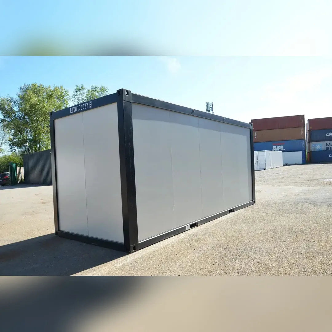 Bungalow bureau Eurocontex – vue extérieure arrière, structure modulaire gris anthracite et blanc