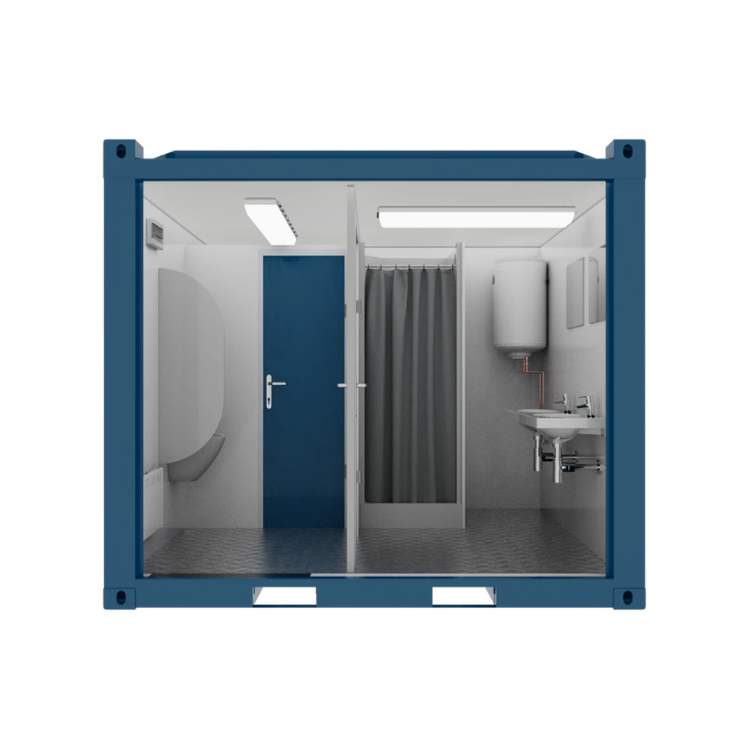 Intérieur container sanitaire 10 pieds Eurocontex – WC, douche avec rideau et lavabo, chauffe-eau intégré